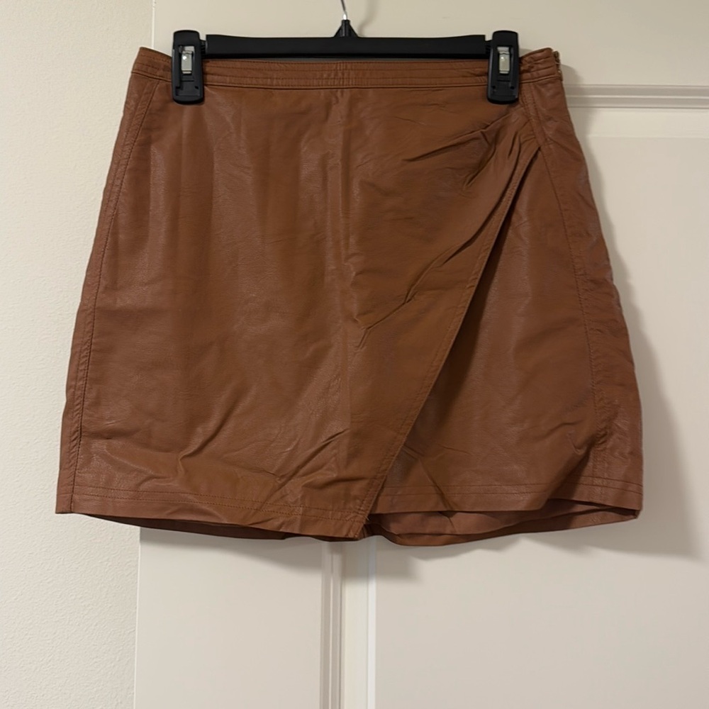 Brown fake leather cross over skirt